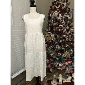 Eileen Fisher White Organic Handkerchief Linen Tiered Dress Scoop Neck Sz L ***